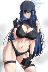  1girl absurdres bare_shoulders baseball_cap black_bra black_gloves black_hair black_hat black_panties black_shirt blue_archive blue_eyes blue_hair blue_halo blush bra breasts cleavage clothes_lift commentary_request contrapposto earrings gloves halo hat highres holding jewelry lace lace_bra lace_panties large_breasts long_hair looking_at_viewer navel nuo_(fttv3255) panties saori_(blue_archive) shirt shirt_lift simple_background skindentation solo stomach thigh_strap thighs underwear white_background  rating:Sensitive score:27 user:danbooru