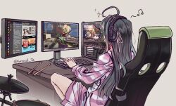  1girl ahoge awa_subaru black_hair chair character_request check_character computer cr1tikal desk discord drum drum_set drumsticks eighth_note facing_away from_behind gaming_chair girls_band_cry hair_ribbon headphones instrument long_hair long_sleeves monitor musical_note pink_shorts pink_sweater playing_games ribbon shirt shorts sitting solo spilled_te spoken_musical_note striped_clothes striped_shorts striped_sweater sweater swivel_chair twitter twitter_username white_shirt youtube 