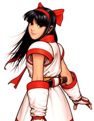  1girl ainu ainu_clothes black_hair bow brown_eyes capcom_vs_snk_2 detached_sleeves elbow_gloves fingerless_gloves game_cg gloves hair_bow hairband hand_up highres huge_bow kodachi long_hair looking_back mori_toshiaki nakoruru non-web_source official_art red_bow red_hairband samurai_spirits sheath short_sword snk solo sword the_king_of_fighters upper_body weapon 