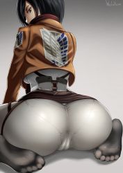 1girl artist_name ass black_eyes black_hair cameltoe feet from_behind grey_background highres huge_ass jacket looking_at_viewer looking_back mikasa_ackerman pants pantylines scarf shingeki_no_kyojin short_hair sitting solo tight_clothes tight_pants wariza white_pants wide_hips wolskorn rating:Questionable score:270 user:JustHere4Butts