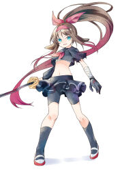  animal_ears bandaged_arm bandages bandana bike_shorts black_skirt black_socks blue_eyes bow brown_hair dog_ears emil_chronicle_online gradient_hair hair_bow highres holding holding_sword holding_weapon long_hair multicolored_hair navel neck_ribbon necktie ponytail red_bow red_hair red_necktie ribbon sarashi school_uniform serafuku shoes shugoma_uzuki skirt socks standing sword torn_clothes tsukasa_takashi uwabaki weapon 
