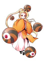  1girl alphes_(style) black_shoes blonde_hair commentary_request dairi detached_sleeves eyeball full_body hair_ribbon hands_up high_ponytail highres japanese_clothes large_variant_set long_hair long_skirt long_sleeves orange_shirt parody ponytail red_eyes ribbon ribbon-trimmed_clothes ribbon-trimmed_sleeves ribbon_trim shirt shoes single_hair_intake skirt solo style_parody tachi-e touhou touhou_(pc-98) transparent_background undershirt variant_set very_long_hair white_ribbon white_shirt white_skirt wide_sleeves yuugenmagan 