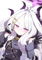  absurdres ahoge black_halo blue_archive buckle buttons demon_girl demon_horns golden_button hair_between_eyes hair_ornament halo highres hina_(blue_archive) holding holding_hair horns long_hair looking_at_viewer purple_eyes sidelocks unifom very_long_hair white_hair 