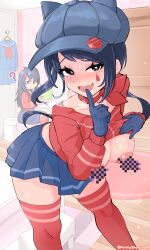 2girls absurdres animal_ear_headwear animal_ears artist_name black_eyes blue_eyes blue_gloves blue_hat blue_serafuku blue_skirt breasts censored choker clothes_lift cool_mita_(miside) fake_animal_ears fang glitch glitch_censor gloves hair_ornament hairclip hat heart heart-shaped_pupils highres indoors kind_mita_(miside) large_areolae large_breasts leaning_forward lifting_own_clothes long_sleeves low_ponytail miside mita_(miside) multiple_girls naughty_face pleated_skirt ponytail red_choker red_shirt red_thighhighs school_uniform serafuku shirt shirt_lift sirahune_penny sitting skin_fang skindentation skirt sweat symbol-shaped_pupils tattoo teardrop_facial_mark teardrop_tattoo thighhighs thighs unworn_clothes wooden_floor rating:Questionable score:58 user:danbooru