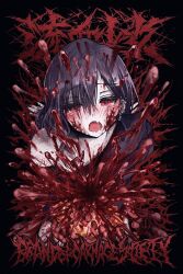  1girl black_background black_nails blood blood_on_face blood_on_neck blood_splatter blush commentary_request crying crying_with_eyes_open dot_nose earrings entrails gorezono_neo_(yu-ki_iwata) guro hair_between_eyes hair_ornament hairclip highres intestines jewelry medium_hair metal_band_text multiple_earrings organs original parallel_hairclips purple_hair purple_shirt red_eyes shirt stud_piercings tears wavy_mouth yu-ki_iwata 