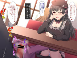 1boy 1girl bar_censor beret black_hair black_shirt blouse blunt_bangs blush bow brown_eyes cameltoe censored choker fake_horns feet footjob frilled_choker frills hat hetero highres horns idolmaster idolmaster_shiny_colors imminent_ejaculation long_hair mayuzumi_fuyuko open_mouth panties pantyshot penis purple_thighhighs ribbon shin&#039;yashiki shirt sitting skirt smile stealth_sex thighhighs translation_request underwear white_panties rating:Explicit score:41 user:thispersonhereiscool