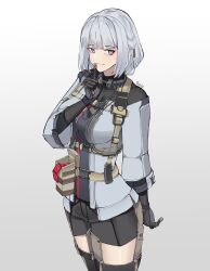 1girl absurdres artist_name black_gloves black_shorts condom condom_packet_strip condom_wrapper cyborg finger_to_mouth gar32 girls&#039;_frontline gloves grey_jacket highres jacket mechabare purple_eyes rpk-16_(girls&#039;_frontline) shorts solo thighs white_background white_hair wire rating:General score:10 user:danbooru