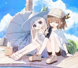  2girls :d bare_shoulders baseball_cap bike_shorts blue_sky brown_hair brown_hat brown_shoes brown_shorts closed_eyes cloud commentary_request convenient_leg day dress food frilled_umbrella frills fruit grey_eyes grey_skirt hat holding knees_up leaning_to_the_side long_hair lucena_winter multiple_girls no_socks open_mouth original outdoors palm_tree pleated_skirt sandals shirt shoes short_shorts short_sleeves shorts shorts_under_skirt signature sitting skirt sky sleeveless sleeveless_dress smile tree umbrella very_long_hair water watermark watermelon white_dress white_hair white_sandals white_shirt white_umbrella yuuhagi_(amaretto-no-natsu) 