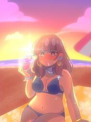  1girl beach bikini brown_eyes brown_hair candy dark-skinned_female dark_skin donuqx earrings food jewelry omori polly_(omori) sweat swimsuit 