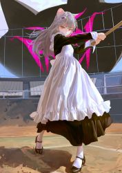 1girl animal_ears apron baseball baseball_bat dress fkey full_body hair_ornament highres holding holding_baseball_bat long_dress long_hair looking_at_viewer maid mary_janes orange_eyes original outdoors pale_skin shoes solo swinging white_hair rating:General score:11 user:danbooru