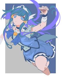  1girl absurdres aoki_reika blue_background blue_bow blue_bowtie blue_choker blue_eyes blue_hair blue_shirt blue_shorts blue_skirt blue_wrist_cuffs blunt_bangs border bow bowtie brooch choker coattails collarbone colored_inner_hair cropped_legs cure_beauty earrings expressionless eyelashes falling floating_clothes floating_hair frilled_skirt frills grey_background hair_ornament hair_tubes highres jewelry knee_up long_hair long_sidelocks magical_girl miniskirt multicolored_hair outside_border parted_lips pleated_skirt pleated_sleeves precure purple_hair shipu_(gassyumaron) shirt short_sleeves shorts shorts_under_skirt sidelocks skirt skirt_set smile_precure! solo tareme tiara two-tone_background two-tone_hair very_long_hair white_arm_warmers white_border wing_earrings wing_hair_ornament wrist_cuffs 