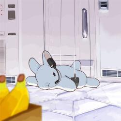 animal animal_focus banana blurry blurry_foreground food fruit headset lilac_(p-f_easy) mission:_impossible no_humans original parody rabbit suspension white_rabbit_(animal) 