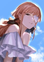  1girl absurdres bare_shoulders black_ribbon blue_sky chinese_commentary cloud commentary_request day dress eyepatch forever_7th_capital grey_eyes hair_ribbon highres long_hair looking_at_viewer medical_eyepatch off-shoulder_dress off_shoulder one_eye_covered outdoors parted_lips ribbon short_sleeves sky solo upper_body wb_yimo yumi_(forever_7th_capital) 