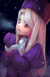  1girl blush breath buttons coat fate/stay_night fate_(series) fur_hat fur_trim gloves hat illyasviel_von_einzbern limited-access long_hair night papakha purple_coat red_eyes smile snow snowing solo white_hair winter_clothes 