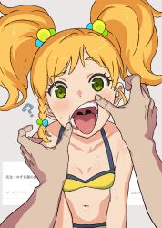1boy 1girl ? aikatsu!_(series) aikatsu_stars! bikini blonde_hair braid breasts commentary_request green_eyes looking_at_viewer mouth_pull navel nikaido_yuzu open_mouth osame pov pov_hands saliva side_braid small_breasts solo_focus sweat swimsuit teeth tongue tongue_out twintails uvula yellow_bikini rating:Sensitive score:62 user:danbooru