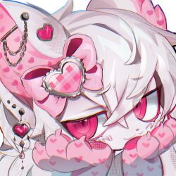  1girl absurdres animal_ears animal_hands barbell_piercing bow cat_ears cat_girl claws close-up colored_eyelashes commentary ear_piercing earrings english_commentary furry furry_female hair_bow hands_on_own_face heart highres industrial_piercing jewelry jitome long_hair looking_at_viewer original pawpads piercing pink_bow portrait ringed_eyes sidelocks simple_background skullsideart solo unfinished white_background white_fur white_hair 