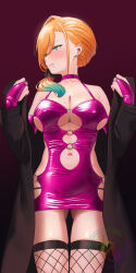  1girl bare_shoulders blush bodycon breasts bridal_gauntlets cleavage clothing_cutout colored_tips dress fishnet_thighhighs fishnets gloves green_eyes large_breasts latex latex_dress long_hair microdress middle_ring mole mole_on_breast multicolored_hair navel_cutout o-ring_dress ohlia orange_hair original panties shiny_clothes short_dress side_cutout solo strapless strapless_dress thighhighs thighs tight_clothes tight_dress tube_dress underwear 