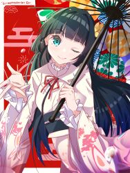  1girl absurdres animal_print black_hair blue_eyes blunt_bangs butterfly_print butterfly_print_kimono commentary_request highres holding holding_umbrella ikizulive!_love_live!_bluebird japanese_clothes kimono komagata_hanabi long_hair long_sleeves looking_at_viewer love_live! neck_ribbon oil-paper_umbrella one_eye_closed pink_kimono red_background red_ribbon ribbon sakari_(pear_8_ll) smile solo umbrella water_drop 