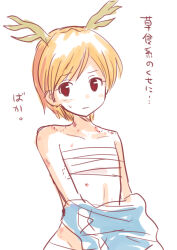  1girl antlers bite_mark blonde_hair blue_shirt blush chest_sarashi flat_chest hatsukaze33 hickey horns kicchou_yachie red_eyes sarashi shirt short_hair simple_background sketch solo sweatdrop touhou translated upper_body white_background 