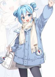  1girl arahashi_tabi arm_up bag black_pantyhose blue_eyes blue_hair blue_jacket cowboy_shot double_bun earmuffs fringe_trim grey_skirt hair_bun highres ika_(4801055) jacket long_sleeves looking_at_viewer multicolored_hair open_mouth pantyhose scarf shoulder_bag skirt smile solo stellive streaked_hair virtual_youtuber white_background white_scarf zoom_layer 