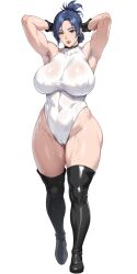  1girl abs areola_slip arika armpit_hair armpits blair_dame blush breasts covered_erect_nipples earrings female_pubic_hair fighting_ex_layer full_body highleg highres huge_breasts jewelry large_breasts leotard long_hair looking_at_viewer mature_female muscular muscular_female nanabe_78 navel parted_lips pubic_hair simple_background solo standing street_fighter street_fighter_ex_(series) sweat thighs 