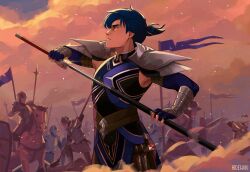  1boy artist_name battlefield cavalry closed_mouth cloud commentary dagger dust english_commentary felix_hugo_fraldarius felix_hugo_fraldarius_(timeskip) fingerless_gloves fire_emblem fire_emblem:_three_houses from_side gloves hidewari highres holding holding_sheath holding_sword holding_weapon horse knife knight lance male_focus nintendo polearm ponytail profile sheath sheathed sword unsheathing weapon 