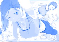  &gt;_&lt; 1boy 1girl animal arm_support armpits bare_shoulders barefoot blue_theme bouncing_breasts breasts capri_pants cat cleavage closed_eyes closed_mouth commentary exercising fumi-chan_(tawawa) getsuyoubi_no_tawawa hanging_breasts highres himura_kiseki kouhai-chan_(tawawa) large_breasts leg_up legs long_hair looking_at_animal looking_at_viewer midriff mole mole_under_eye monochrome motion_lines navel one_eye_closed open_mouth outstretched_arms pants planking reaching reaching_towards_viewer revision senpai_(tawawa) smile solo_focus sports_bra stretching toenails trembling yoga_pants 