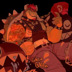  1boy 2others abs absurdres armlet bara beard biceps black_background black_tank_top bowser bracelet chain_chomp closed_mouth commentary denim english_commentary facial_hair fangs furry furry_male hat highres holding holding_unworn_clothes holding_unworn_hat horns jewelry looking_at_viewer macholobo male_focus mario_(series) mario_hat multiple_others muscular muscular_male navel nintendo nipple_piercing nipples open_mouth pectorals piercing red_hair sitting sleeping smile sound_effects spiked_armlet spiked_bracelet spiked_shell spikes tank_top torn_clothes unworn_hat unworn_headwear 