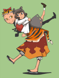  2girls animal_ears animal_print black_eyes black_hair black_shoes bloomers closed_mouth commentary_request flats full_body green_bag grey_hair grey_skirt height_difference locked_arms long_sleeves looking_at_another looking_to_the_side mouse_ears mouse_girl multiple_girls nazrin onikobe_rin orange_eyes orange_hair red_skirt red_vest shirt shoes short_hair simple_background skirt smile tiger_print toramaru_shou touhou undercut underwear very_short_hair vest white_shirt 