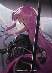  1girl alternate_hair_length alternate_hairstyle artist_name black_jacket black_umbrella closed_mouth commentary_request hair_down highres honkai:_star_rail honkai_(series) jacket kafka_(honkai:_star_rail) long_hair looking_at_viewer outdoors purple_eyes purple_hair rain smile solo spider_web_print srpzk umbrella upper_body very_long_hair wet wind 