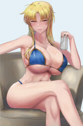  1girl absurdres bikini blonde_hair blue_bikini breasts can crossed_legs fate_testarossa highres holding holding_can large_breasts long_hair looking_at_viewer lyrical_nanoha mahou_shoujo_lyrical_nanoha_strikers mochidayo_(lovefate999) navel red_eyes shiny_skin simple_background sitting skindentation smile solo swimsuit thighhighs underboob very_long_hair white_background 