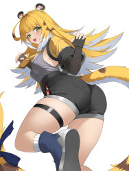 1girl animal_ear_fluff animal_ears black_gloves black_shorts blonde_hair blue_bow blue_shoes blush bow brown_hair claw_pose elbow_gloves fang fingerless_gloves from_behind gloves green_eyes grey_shirt high-waist_shorts jacket jewelry ju_fufu looking_back multicolored_hair necklace open_clothes open_jacket open_mouth p-gnesium shirt shoes short_shorts shorts skindentation sleeveless sleeveless_shirt smile socks solo tail tail_bow tail_ornament thick_thighs thigh_strap thighs tiger_ears tiger_girl tiger_tail white_background white_hair yellow_jacket zenless_zone_zero 