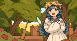  1girl :d absurdres bead_necklace beads blue_hair blue_sky blush borrowed_character brown_eyes cloud day deformed dress drill_hair drill_sidelocks floral_print flower hair_flower hair_ornament head_wreath highres jewelry kraken_(japanon) leaf long_hair long_sleeves looking_at_viewer nature necklace open_mouth original outdoors pink_flower plant sharp_teeth sidelocks sky slavic_clothes smile solo sphenodaile standing teeth tree upper_body very_long_hair white_dress white_flower 