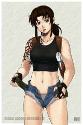 00s 1girl arm_tattoo azasuke belt black_gloves black_lagoon brown_eyes brown_hair cigarette denim denim_shorts female_focus fingerless_gloves gloves grey_panties gun handgun highres holster long_hair looking_at_viewer midriff navel open_belt open_fly panties pistol revy_(black_lagoon) short_shorts shorts solo standing tank_top tattoo unbuckled unbuttoned underwear undressing unzipped weapon  rating:Questionable score:79 user:danbooru