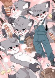  3boys :3 :d absurdres animal_ear_fluff animal_ears animal_nose bar_censor blue_overalls blush_stickers body_fur boots censored commission condom cum cum_milking cumdrip fewer_digits fox_boy fox_ears fox_tail furry furry_male furry_with_non-furry glasses handjob highres interspecies male_masturbation masturbation milk_churn milking_machine multiple_boys navel nipples nude open_mouth original overalls penis pink_background red-framed_eyewear s_(rukaruko) shota smile solo_focus strap_slip tail testicles uchuu_ika used_condom veins veiny_penis yaoi 