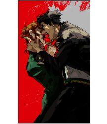  2boys absurdres beet_(vhvt5535) black_border black_hair black_jacket black_pants blood blood_on_face blood_on_hands border brown_hair chain cherry_earrings earrings food-themed_earrings food_themed_earrings gakuran green_eyes green_jacket grey_background grey_nails hand_on_another&#039;s_neck highres holding holding_chain jacket jewelry jojo_no_kimyou_na_bouken kakyoin_noriaki kuujou_joutarou male_focus multiple_boys open_mouth paneled_background pants red_background red_eyes school_uniform shirt stardust_crusaders triangle_print two-tone_background white_shirt yaoi 