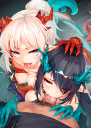  1boy 2girls arknights bead_bracelet beads bisexual_female black_hair blue_hair bracelet braid breasts commentary dragon_horns dragon_tail dusk_(arknights) english_commentary eyes_visible_through_hair fang fellatio groping hair_over_one_eye hand_on_another&#039;s_head highres hood hoodie horns irrumatio jewelry large_breasts looking_at_viewer male_pubic_hair multicolored_hair multiple_girls nian_(arknights) nipples one_eye_closed open_mouth oral penis pointy_ears ponytail pov pubic_hair purple_eyes red_eyes red_hair ricegnat sexual_coaching siblings side_braid sisters streaked_hair tail tongue tongue_out tsurime two-tone_hair white_hoodie wince  rating:Explicit score:442 user:danbooru