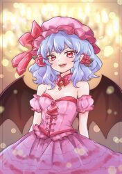  1girl :d ascot bare_shoulders bat_wings blue_hair blush bow collar commentary_request detached_collar dress flower hair_between_eyes hair_flower hair_ornament hat hat_ribbon highres jewelry looking_at_viewer mika_(alquermes) mob_cap off-shoulder_dress off_shoulder open_mouth pink_collar pink_dress pink_hat pointy_ears red_ascot red_bow red_eyes red_flower red_ribbon remilia_day remilia_scarlet ribbon rose short_hair smile solo touhou wings 