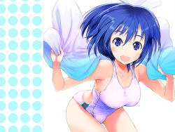  1girl :d blue_eyes blue_hair blush breasts collarbone competition_swimsuit female_focus frogman_(manga) holding izumi_haruka looking_at_viewer matching_hair/eyes one-piece_swimsuit open_mouth short_hair smile solo swimsuit towel 