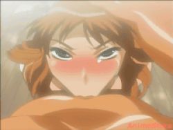 00s 1boy 1girl :&gt;= animated animated_gif anime_screenshot bdsm blue_eyes blush bondage bound brown_eyes brown_hair dark-skinned_male dark_penis dark_skin deepthroat fellatio hand_on_head hetero indoors irrumatio looking_at_viewer lowres murakami_teruaki oral penis pov ribbon shintaisou shirakawa_tomomi uncensored rating:Explicit score:224 user:Kanebou