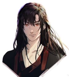  1boy bishounen black_coat black_hair black_hanfu chinese_clothes closed_mouth coat collarbone hair_between_eyes hair_down half_updo hanfu highres jujeop korean_commentary long_hair looking_at_viewer male_focus modao_zushi official_alternate_costume official_alternate_hairstyle open_clothes open_coat pectoral_cleavage pectorals portrait red_eyes sidelocks simple_background smile solo upper_body wei_wuxian wei_wuxian_(yiling_laozu) white_background 
