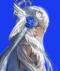  +_+ 1girl absurdres bare_shoulders blue_background blue_eyes blue_flower dark-skinned_female dark_skin flower from_side gawako grey_shirt hair_flower hair_ornament head_wings highres long_hair original shirt simple_background sleeveless sleeveless_shirt solo upper_body very_long_hair white_hair wings yellow_pupils 