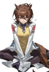  1girl absurdres agnes_tachyon_(umamusume) ahoge animal_ears black_necktie black_pantyhose black_shirt breasts brown_hair chemical_structure coat collared_shirt earrings grin hair_between_eyes hand_between_thighs hello_happy_world! highres horse_ears horse_girl jewelry lab_coat looking_at_viewer medium_breasts medium_hair momotrainer nail_polish necktie open_clothes open_coat pantyhose red_eyes shirt short_necktie simple_background single_earring smile solo sweater umamusume white_background white_coat white_footwear wolf_cut yellow_sweater 