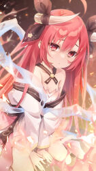 1girl absurdres ahoge bare_shoulders black_bow bow breasts date_a_live embers fire highres horn_ornament horn_ribbon horns itsuka_kotori japanese_clothes kimono kuro_leika00x long_hair looking_at_viewer obi off_shoulder red_eyes red_hair ribbon sash sidelocks small_breasts tears white_kimono rating:General score:12 user:danbooru