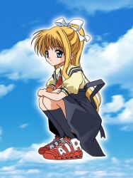  1girl air_(visual_novel) anime_coloring black_socks blonde_hair blue_eyes cloud cross_ornament day high_ponytail highres kamio_misuzu key_visual kneehighs long_hair nike_(company) official_art panasonynet ponytail promotional_art puffy_short_sleeves puffy_sleeves red_shoes shoes short_sleeves sky sneakers socks solo squatting very_long_hair 