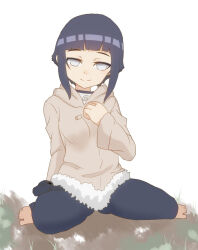  1girl barefoot black_hair black_pants closed_mouth feet female_focus forehead_protector full_body fur-trimmed_jacket fur_trim grey_jacket headband_around_neck hiedanotsukai hyuuga_hinata hyuuga_hinata_(genin) jacket konohagakure_symbol long_sleeves looking_at_viewer naruto_(classic) naruto_(series) no_pupils pants short_hair sidelocks simple_background sitting smile solo thighs toes wariza white_background 