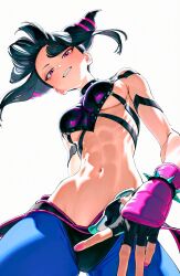  1girl abs baggy_pants black_hair bracelet breasts collar drill_hair fingerless_gloves gloves hair_horns han_juri highres hoshino_akarii jewelry looking_at_viewer medium_breasts multicolored_hair nail_polish navel pants pink_nails purple_eyes short_hair smile spiked_bracelet spiked_collar spikes street_fighter street_fighter_6 toned toned_female twin_drills underboob 