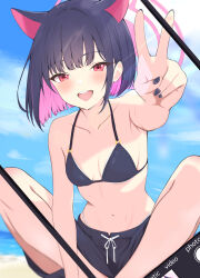 absurdres animal_ears bikini black_hair blue_archive breasts cat_ears halo highres kazusa_(blue_archive) kurumi_kororin looking_at_viewer multicolored_hair navel ocean open_mouth pink_halo short_hair shorts sitting small_breasts string_bikini swimsuit 