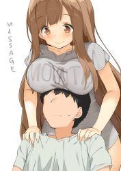 1boy 1girl black_hair blush breast_rest breasts breasts_on_head brown_eyes brown_hair check_commentary collarbone commentary_request english_text faceless faceless_male grey_skirt kaisen_chuui large_breasts long_hair looking_at_another looking_down original shirt short_hair short_sleeves shoulder_massage simple_background skirt smile white_background white_shirt rating:Sensitive score:68 user:danbooru