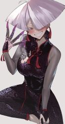  1girl a.k.i._(street_fighter) absurdres blush chinese_clothes claw_ring commentary earrings english_commentary highres impossible_hair jewelry mole mole_under_mouth poison red_eyes red_lips sato_one1 scale_print simple_background smile solo street_fighter street_fighter_6 tassel tassel_earrings torn_clothes 